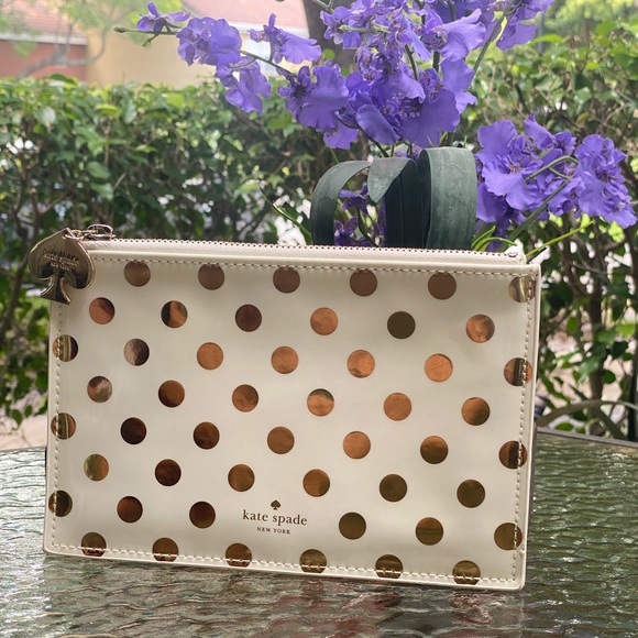 kate spade Handbags - Kate Spade White & Gold Polka Dot Clutch